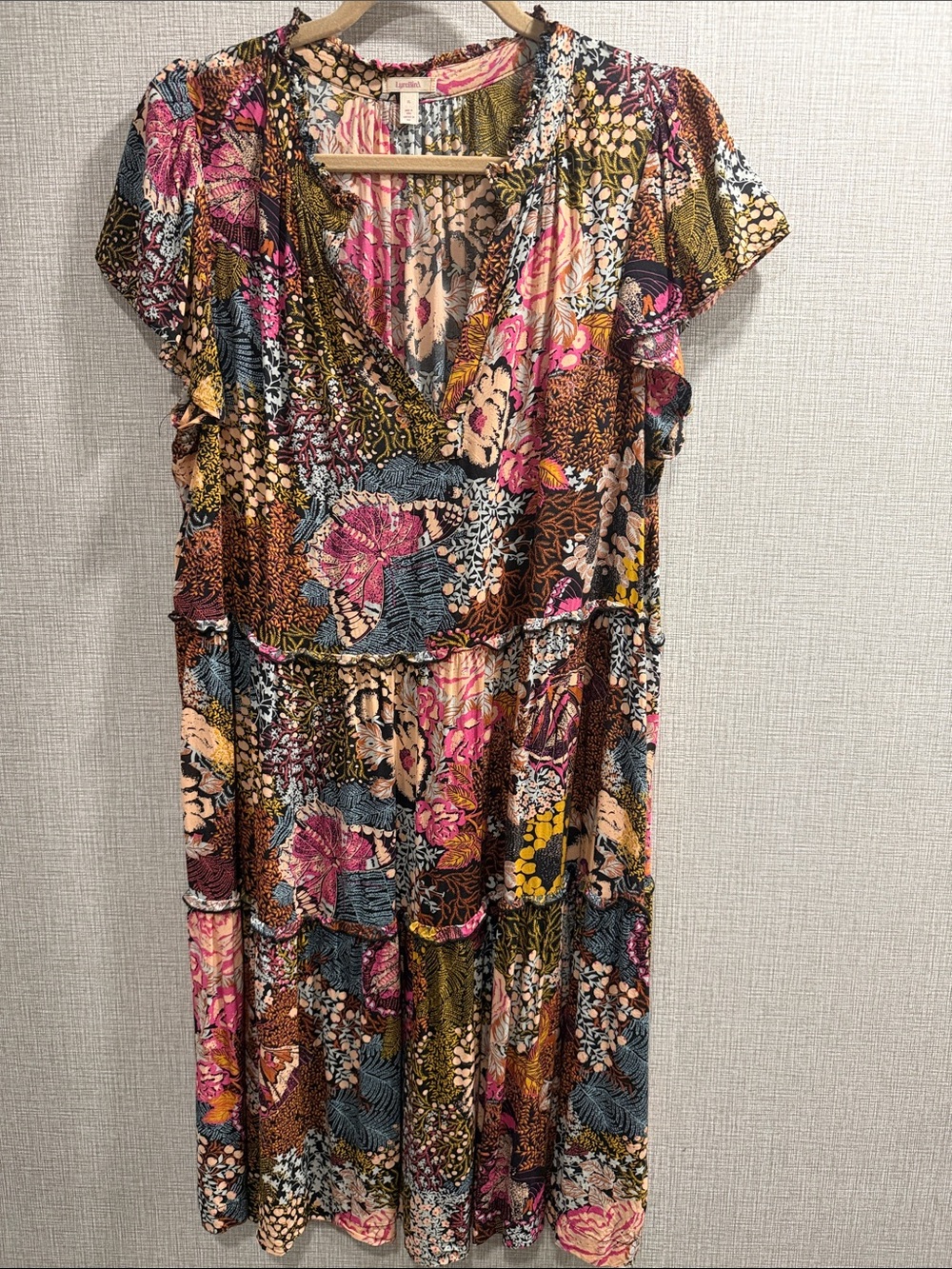 Lyrebird Boho Floral V-Neck Tiered Dress in Multi Color Size X-Large